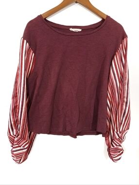 Bluheaven Women's Basic Crew Neck Tee - Deep Burgundy Stripe